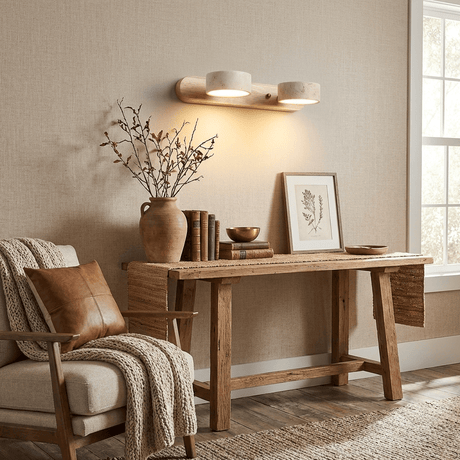 Discs lit above a wood dressing table with a framed picture and a chair
