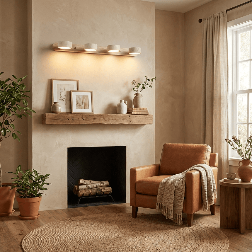 Discs lit above a mantel with framed pictures beside a tan armchair