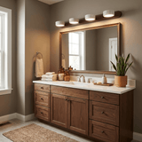 Discs lit above a wide wood framed mirror over a double basin vanity and plants