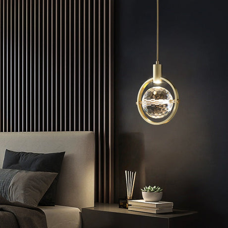 Crystal and metal pendant light fixture detail