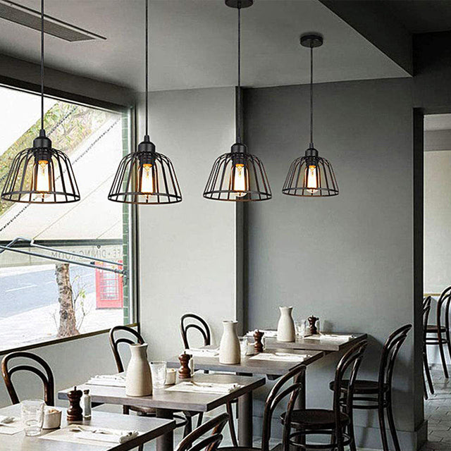 Black iron pendant light with open cage silhouette