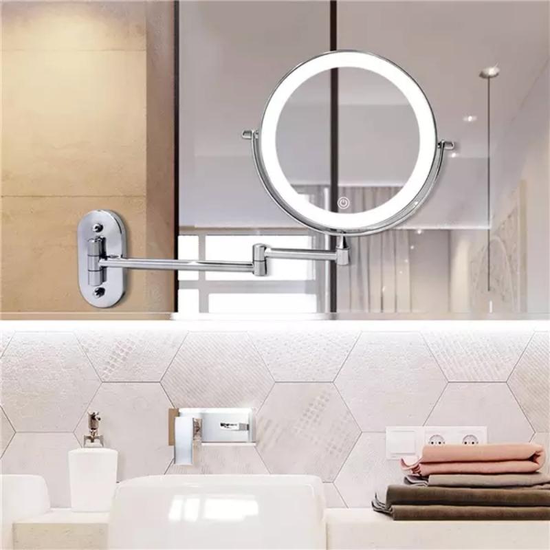 Led magnifying vanity mirror with chrome silver finish