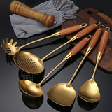 Gold-plated stainless steel utensils displayed
