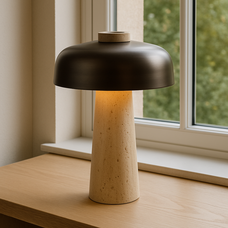 Mushroom table lamp with travertine stone base