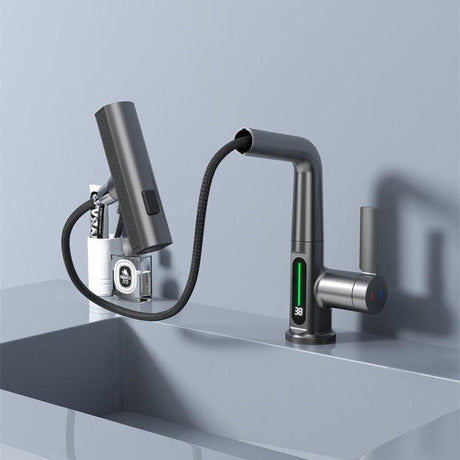 Brass kitchen faucet side profile view - pull-out sprayer head