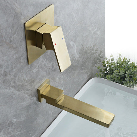 Wall mounted bathroom faucet close-up view - brushed gold finish