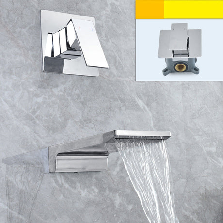 Wall-mounted waterfall bathroom faucet close-up view - matte black finish