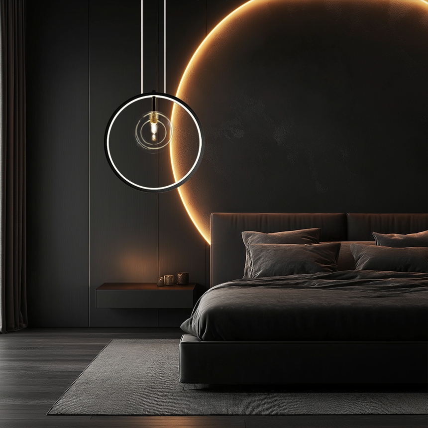 Glass globe pendant light with matte black frame