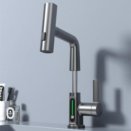 Brass kitchen faucet close-up view - digital temperature display