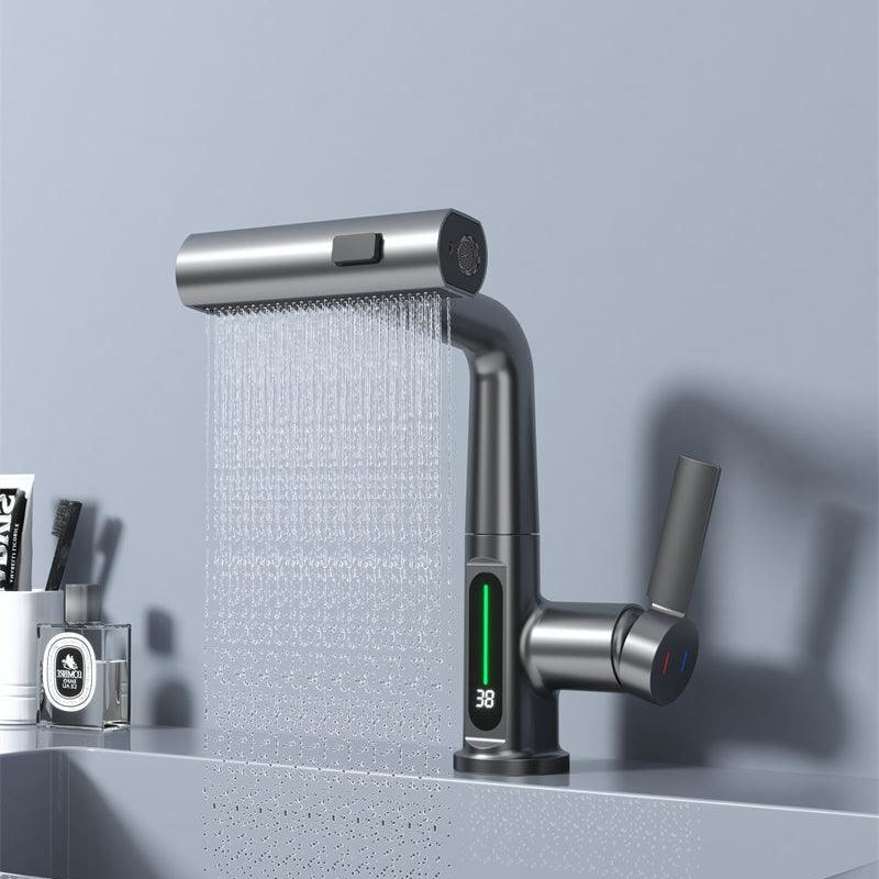 Brass kitchen faucet with digital temperature display