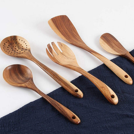 Rustic Teak Kitchen Utensils For Stirring And Serving - OpalDwell