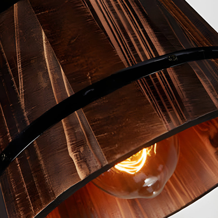 Wood and iron hanging lamp close-up detail