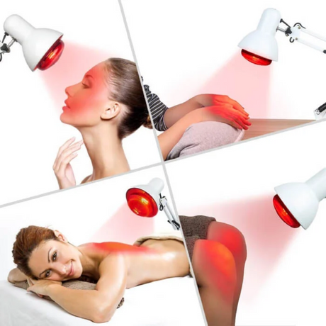 Infrared therapy lamp positioned on stand for home use
