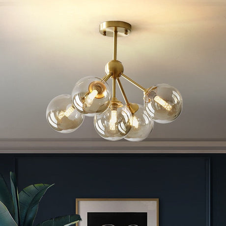 Aurora Copper Chandelier with Amber Glass Globes for Dining Room