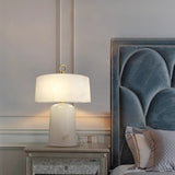 Elegant Bedside Lamp Lit Ambiance View OpalDwell