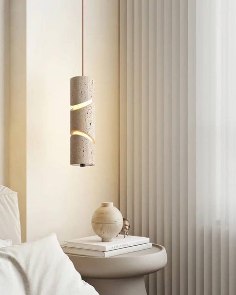 Travertine Wood Pendant Light Detail View OpalDwell