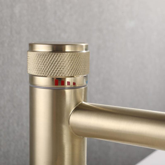 Single-handle bathroom mixer faucet side profile view - hot and cold water control