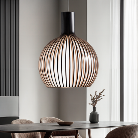 Bamboo cage pendant lamp open-bottom design close-up