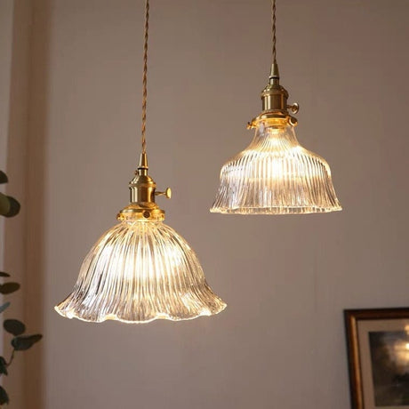 Fluted glass pendant light warm ambient glow scene