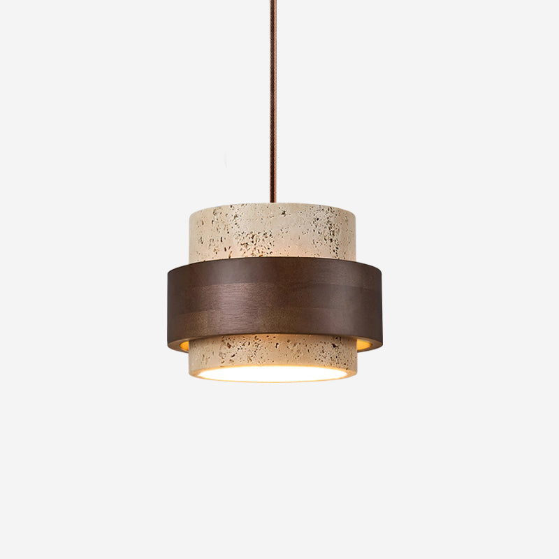 Travertine pendant light with walnut wood band