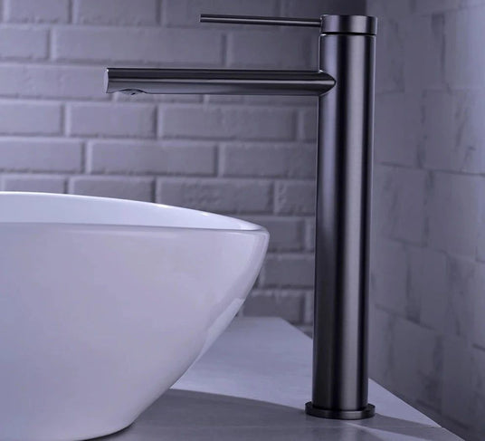 Deck mounted bathroom sink faucet - brass and ceramic build