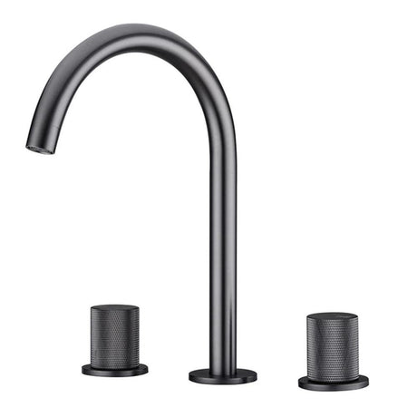 Dual-handle basin faucet close-up view - honeycomb spout design