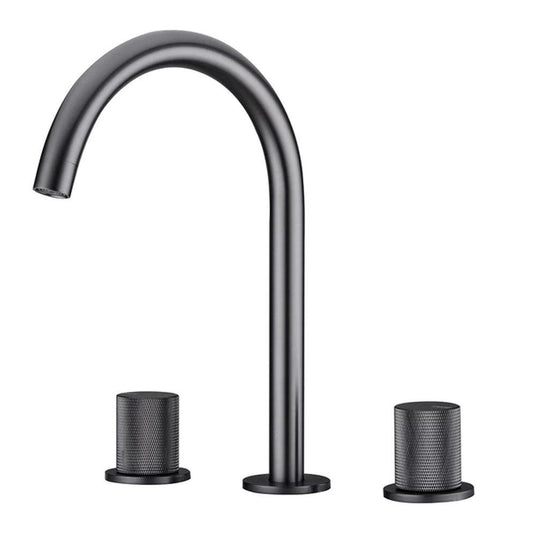 Dual-handle basin faucet close-up view - honeycomb spout design