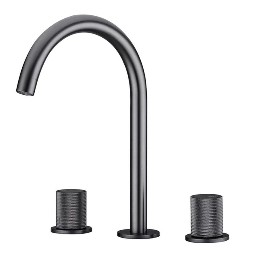 Dual-handle basin faucet close-up view - honeycomb spout design