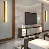 rectangular vertical alabaster wall lamp - warm glow lit view
