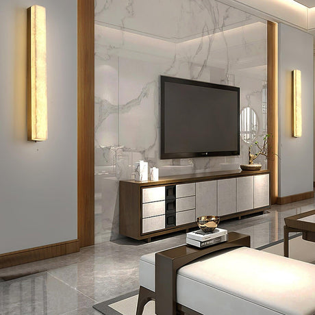 rectangular vertical alabaster wall lamp - warm glow lit view