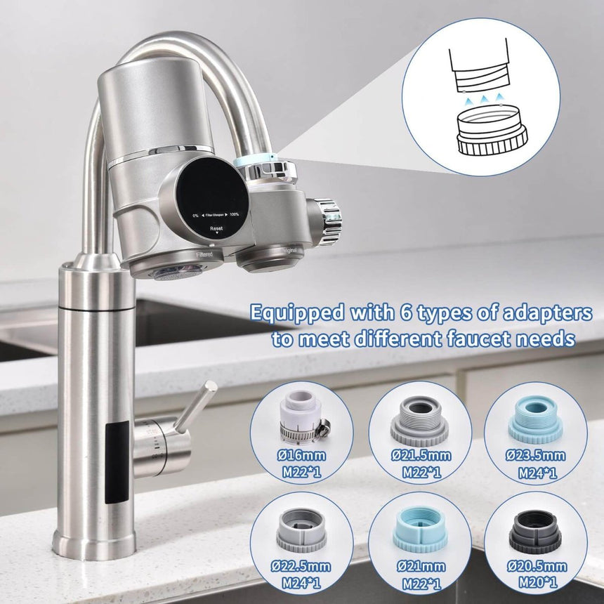 Led faucet water filter with included mounting hardware - tap-mounted filtration unit