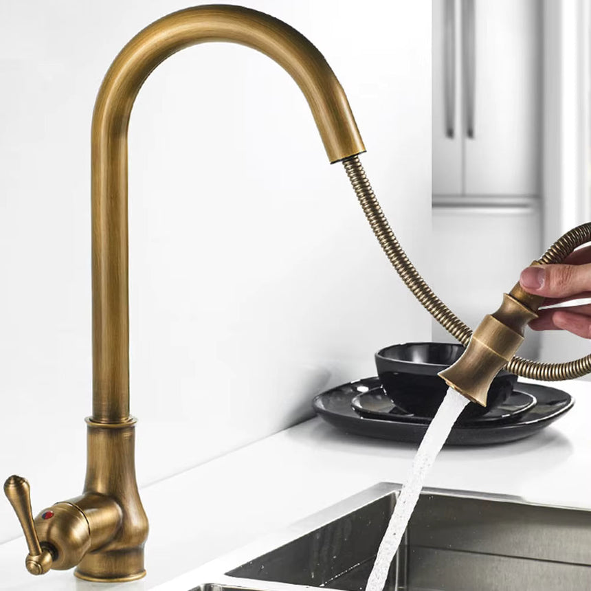 Antique brass swivel kitchen faucet close-up view - black two-tone finish