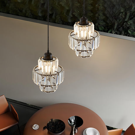 Crystal ceiling light illuminated in hallway setting