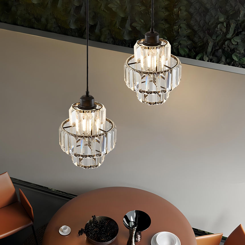 Crystal ceiling light illuminated in hallway setting
