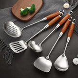 Kitchen utensils with natural wooden handle detail