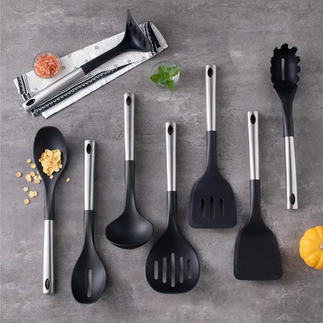 Ergonomic stainless steel handle utensil close-up