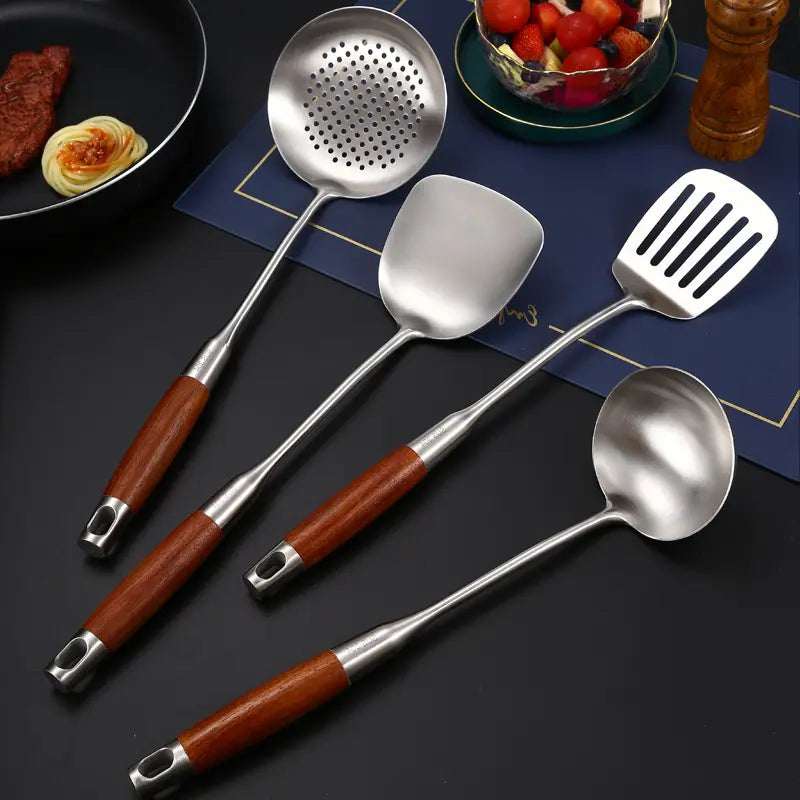 Gold stainless steel utensil set for culinary use