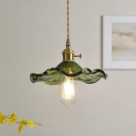 Brass Glass Pendant Light Hibiscus Motif