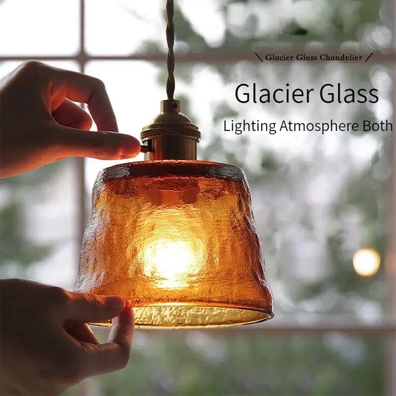 Glass pendant light side angle detail view