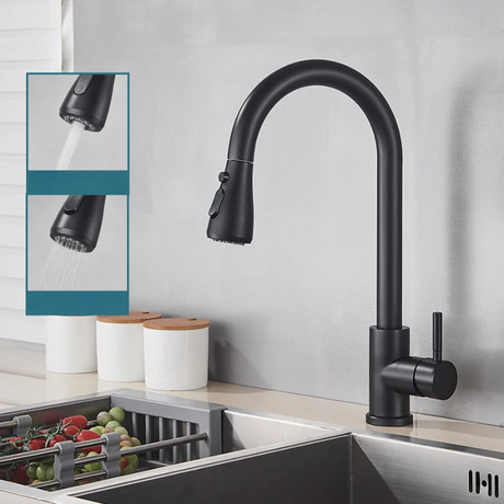 Black kitchen tap for thorough sink cleaning