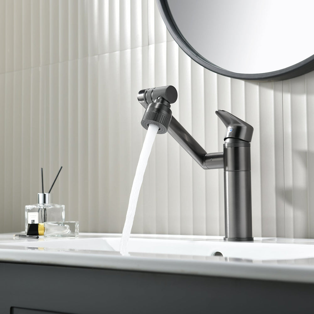 Single-hole swivel bathroom faucet with multi-directional rotating head