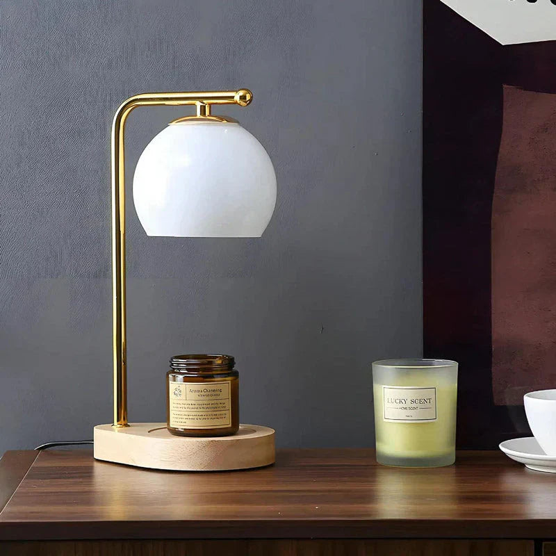 Candle warmer lamp with frosted glass shade and wood base