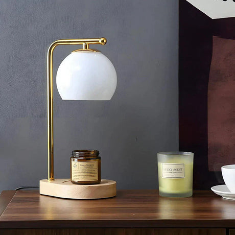 Candle warmer lamp with frosted glass shade and wood base