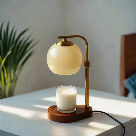 Candle warmer lamp with frosted glass shade and wood base