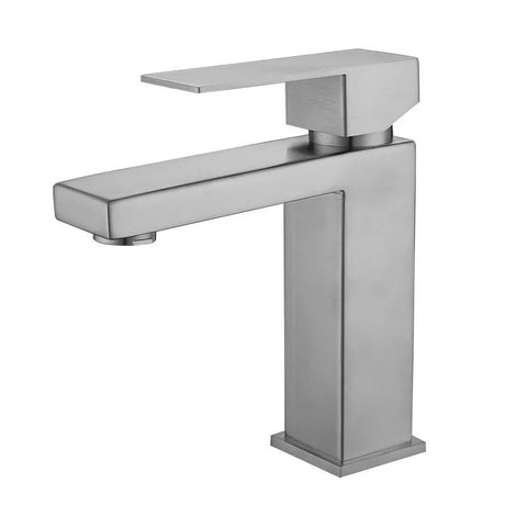Stainless steel bathroom faucet side profile view - deck mounted installation