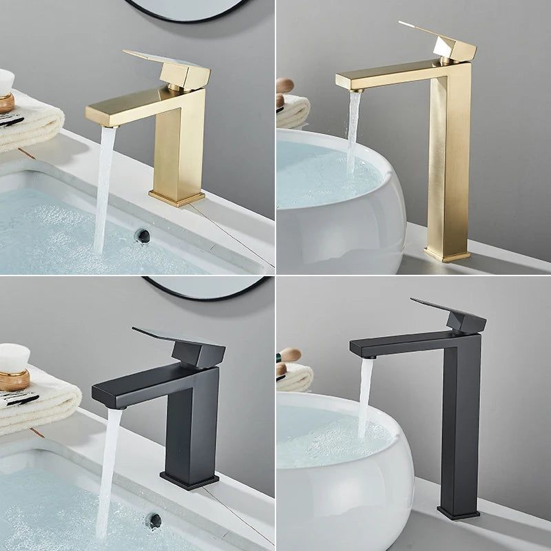 Stainless steel bathroom faucet finish and material detail - single-handle design
