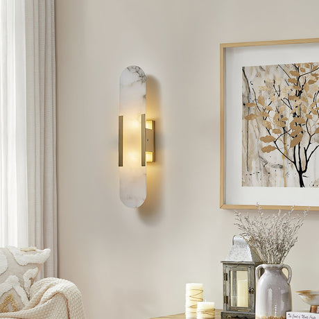 alabaster wall lamp with copper accents - brass finish detail