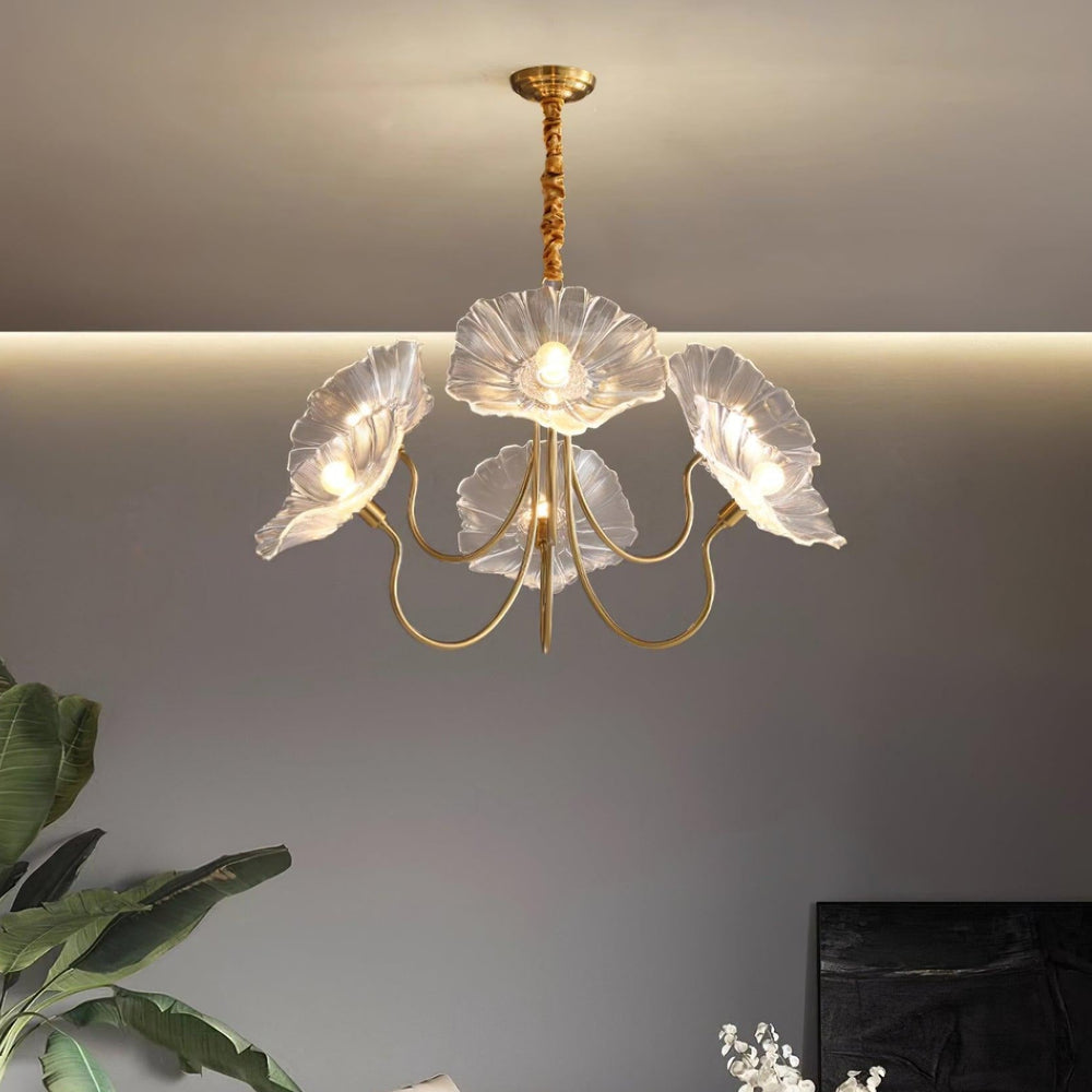 Clear glass chandelier with sleek modern silhouette