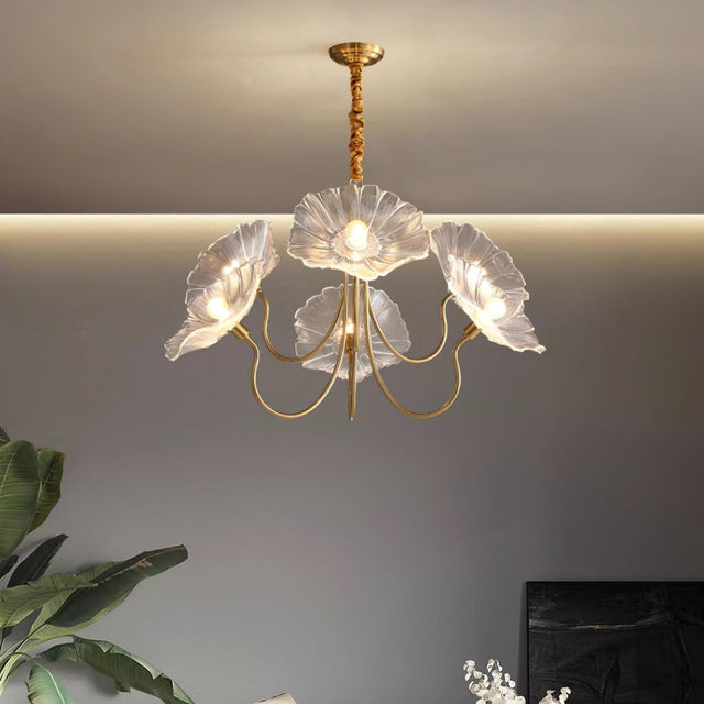 Clear glass chandelier with sleek modern silhouette