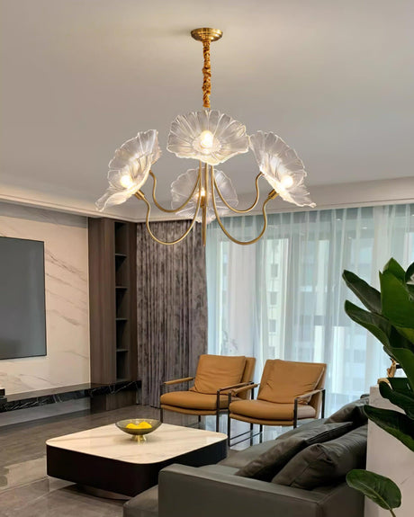 Glass chandelier with leaf-shaped frosted patterns